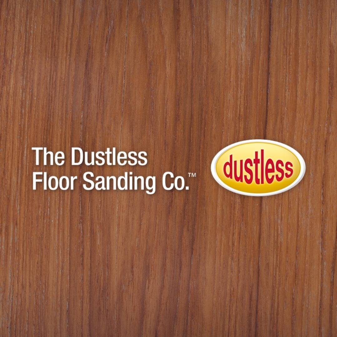 The Dustless Floor Sanding Co. Logo on a polished wooden textured background.