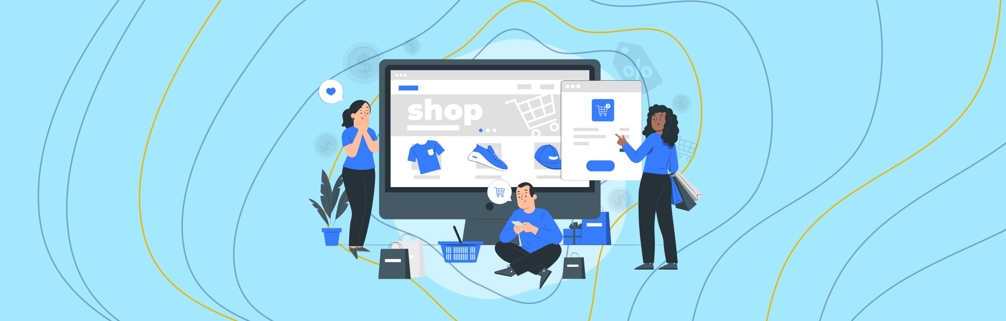 Graphic of people gathered around a computer screen on a blue background, by CodePulse Website Developer Johannesburg