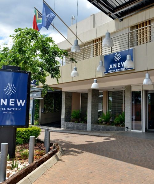 Photo of ANEW's Hatfield Hotel in Pretoria from the outside, with branding elements situated around the esterior.