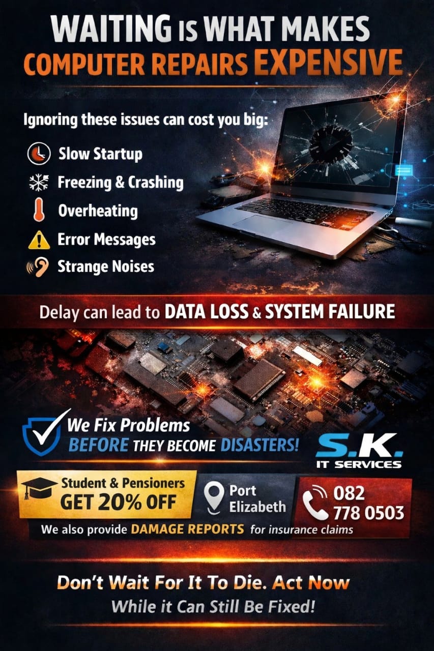 Graphic ad of SK IT Services who provide computer repairs in Port Elizabeth.