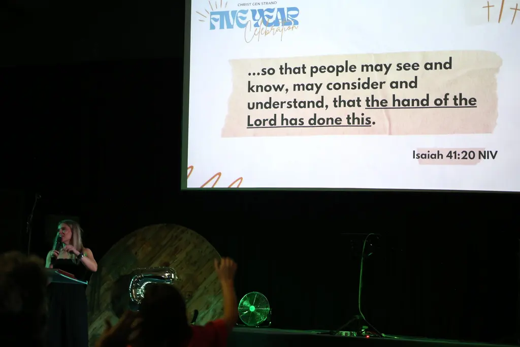 Worship presentation during a church gathering at Christ Gen Church Strand in the Western Cape near Cape Town